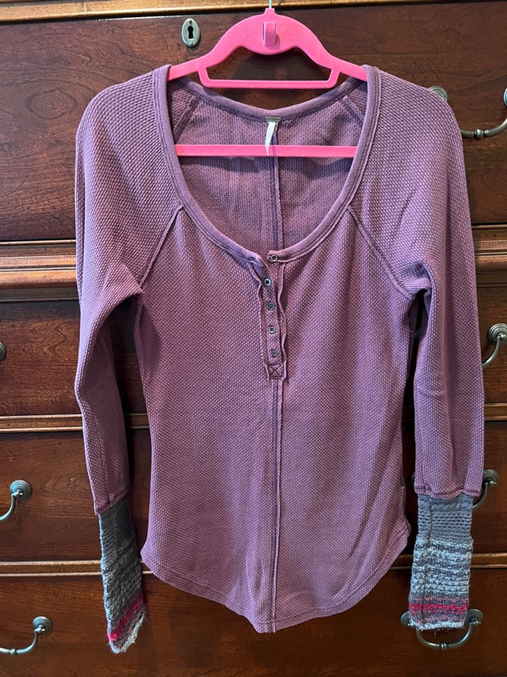 Free People Waffle Knit Henley with Knit Sleeves